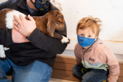 Dad and son holding a baby goat at Govin's Farm 