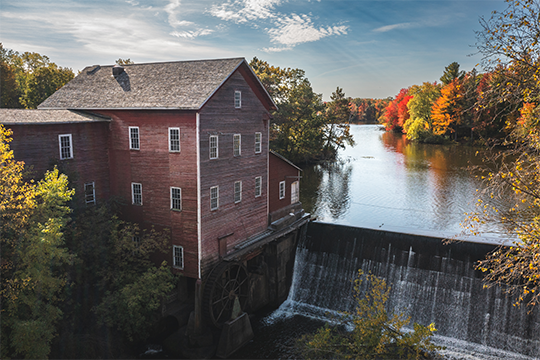 Scenic view of Dells Mill in August during the fall 