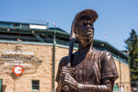 Hank Aaron sculpture outside of Carson Park baseball fields 