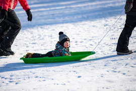 A little boy being dragged up a hill on a sled 